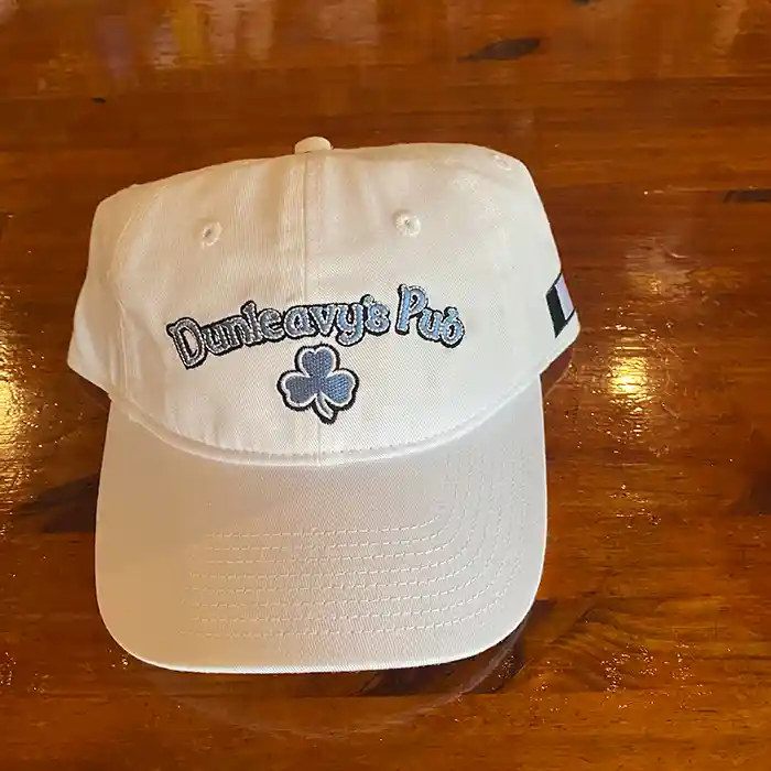 White Dunleavy's Pub Baseball Cap with Blue Stitched Logo
