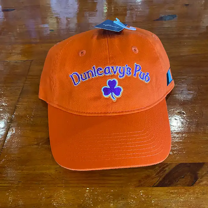 Bright Orange Dunleavy's Pub Baseball Cap wih Blue Stitched Logo