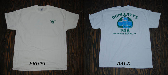 Dunleavy's Pub White T-shirt. Front & Back Photo