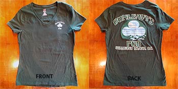 Dunleavy's Pub Green T-shirt. Front & Back Photo